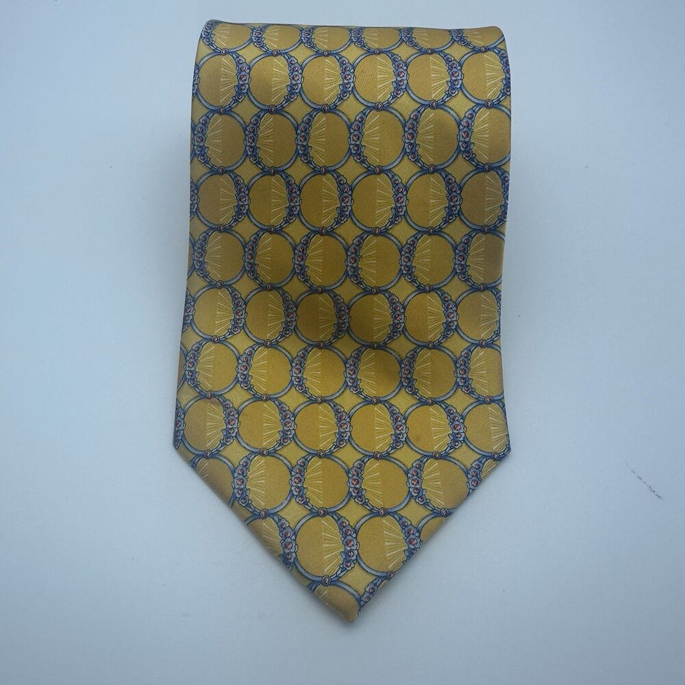 Fabergé Luxury Silk Necktie Gold Blue Geometric Pattern Men’s Tie
